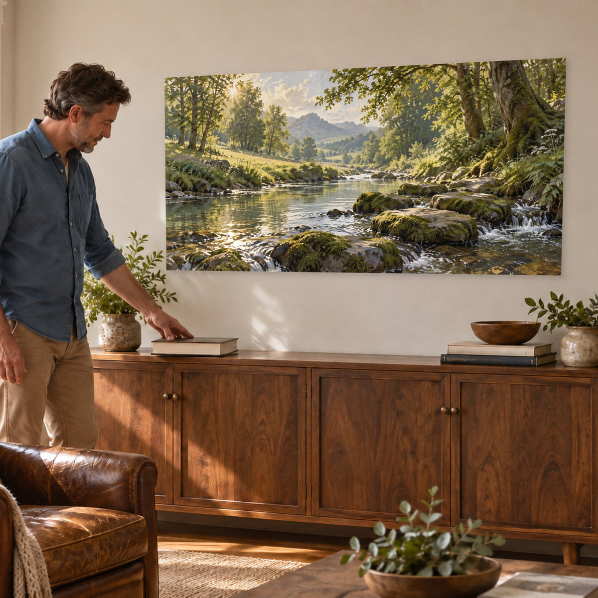 Morning Woodland Stream landscape canvas wall art displayed in a home setting