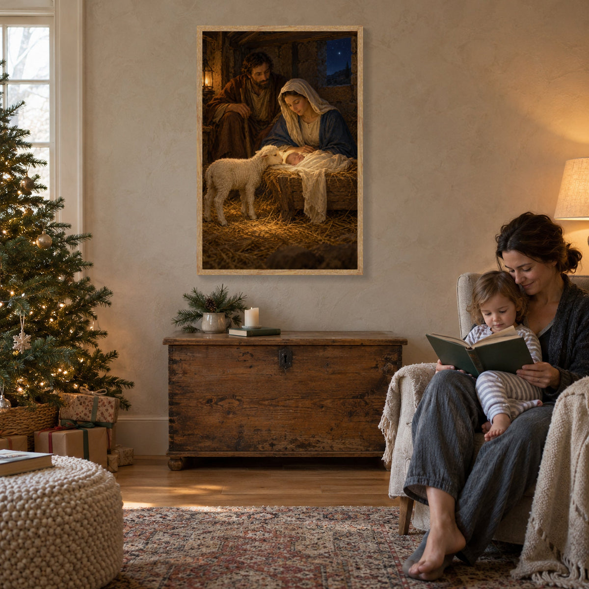 Nativity framed canvas wall art with a light wood frame, Holy Family and lamb Christmas scene, shown in a styled room