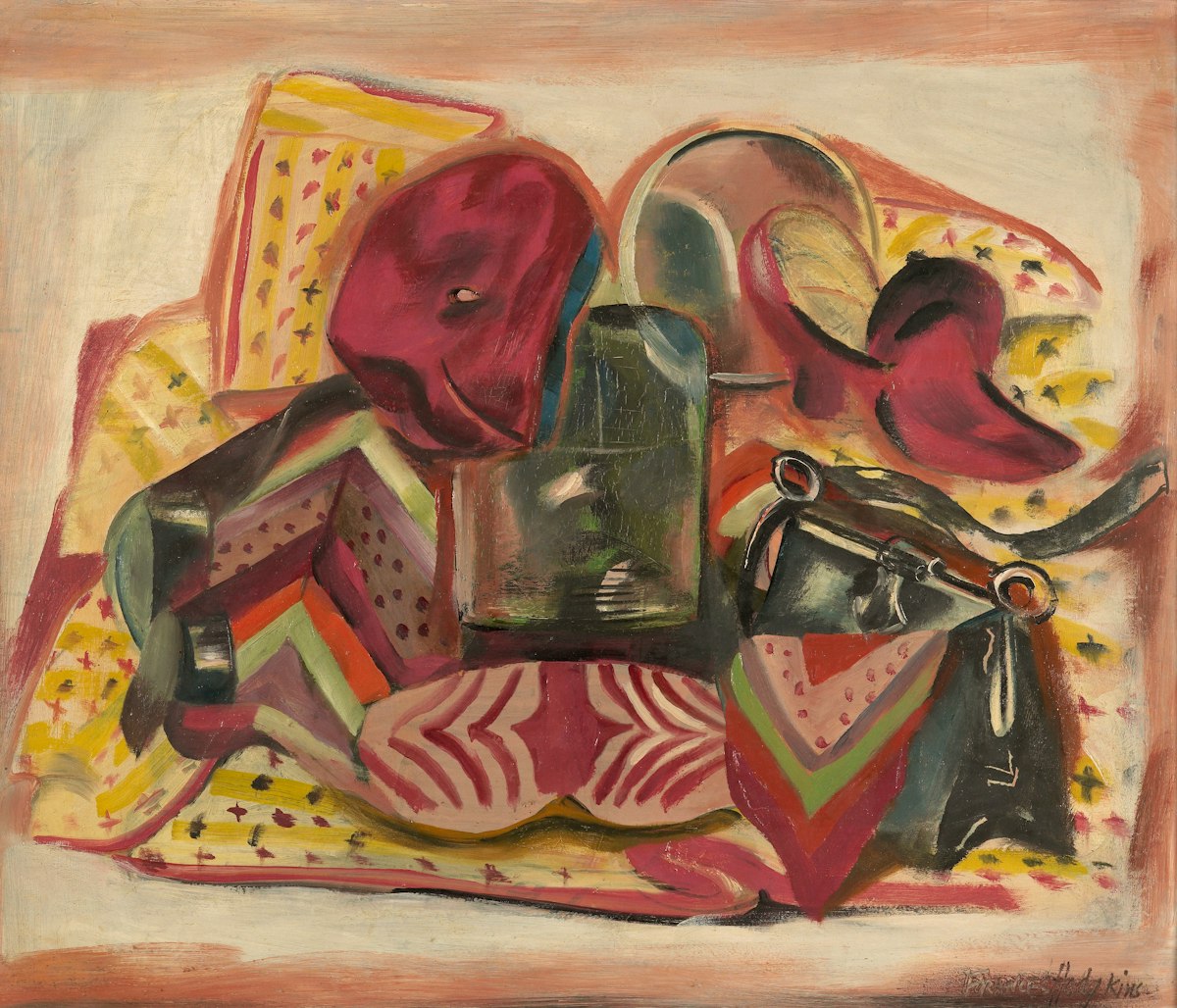 Colorful still life oil painting with textiles and objects pet portrait art