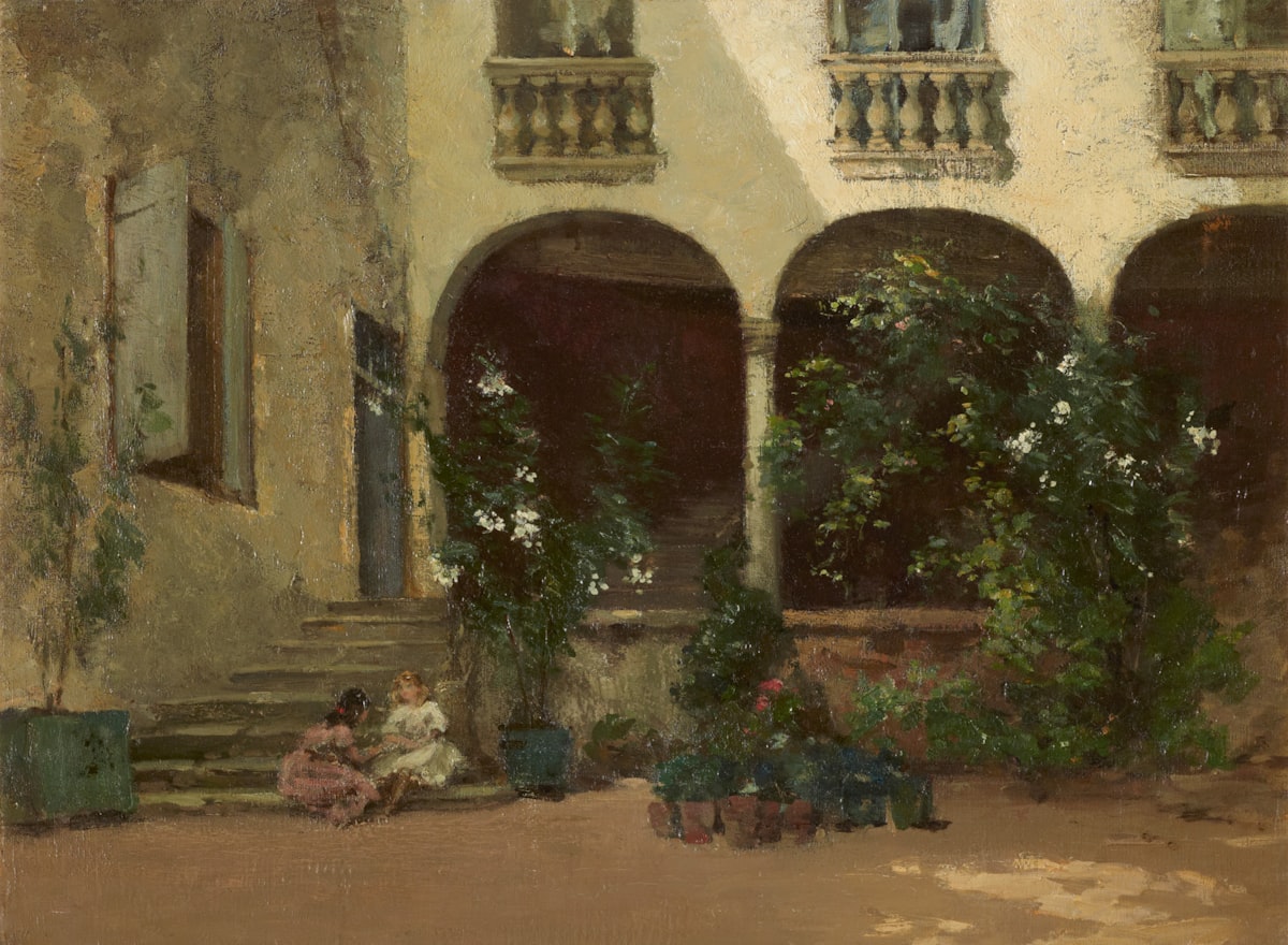 Two figures in a sunlit courtyard comparing modern and traditional portrait styles