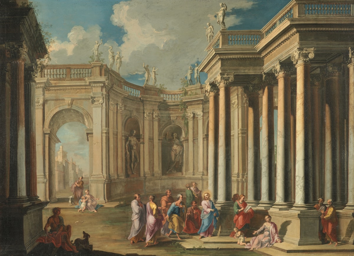 Classical oil painting with figures in ornate architectural setting