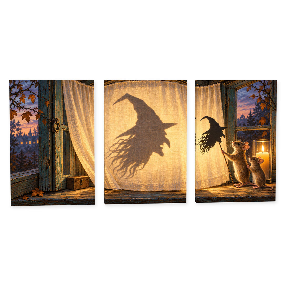 Midnight Shadow Theatre Halloween canvas wall art, set of three panels with a witch silhouette and two tiny mice
