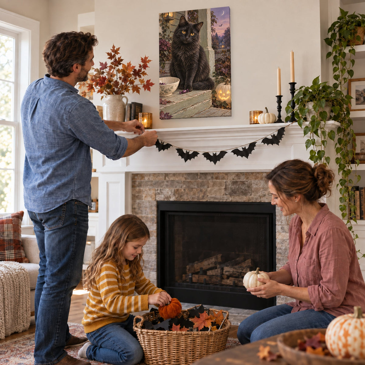 Halloween wall art canvas print with playful black cat and October scene
