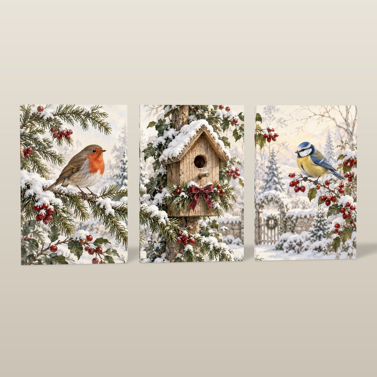 Three-piece winter birdhouse canvas wall art set for a living room wall
