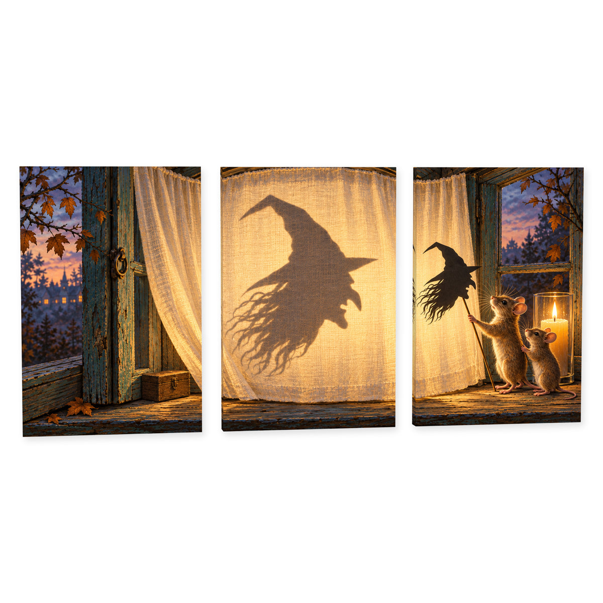 Midnight Shadow Theatre — white-background gallery-wrapped three-panel canvas set — image 02