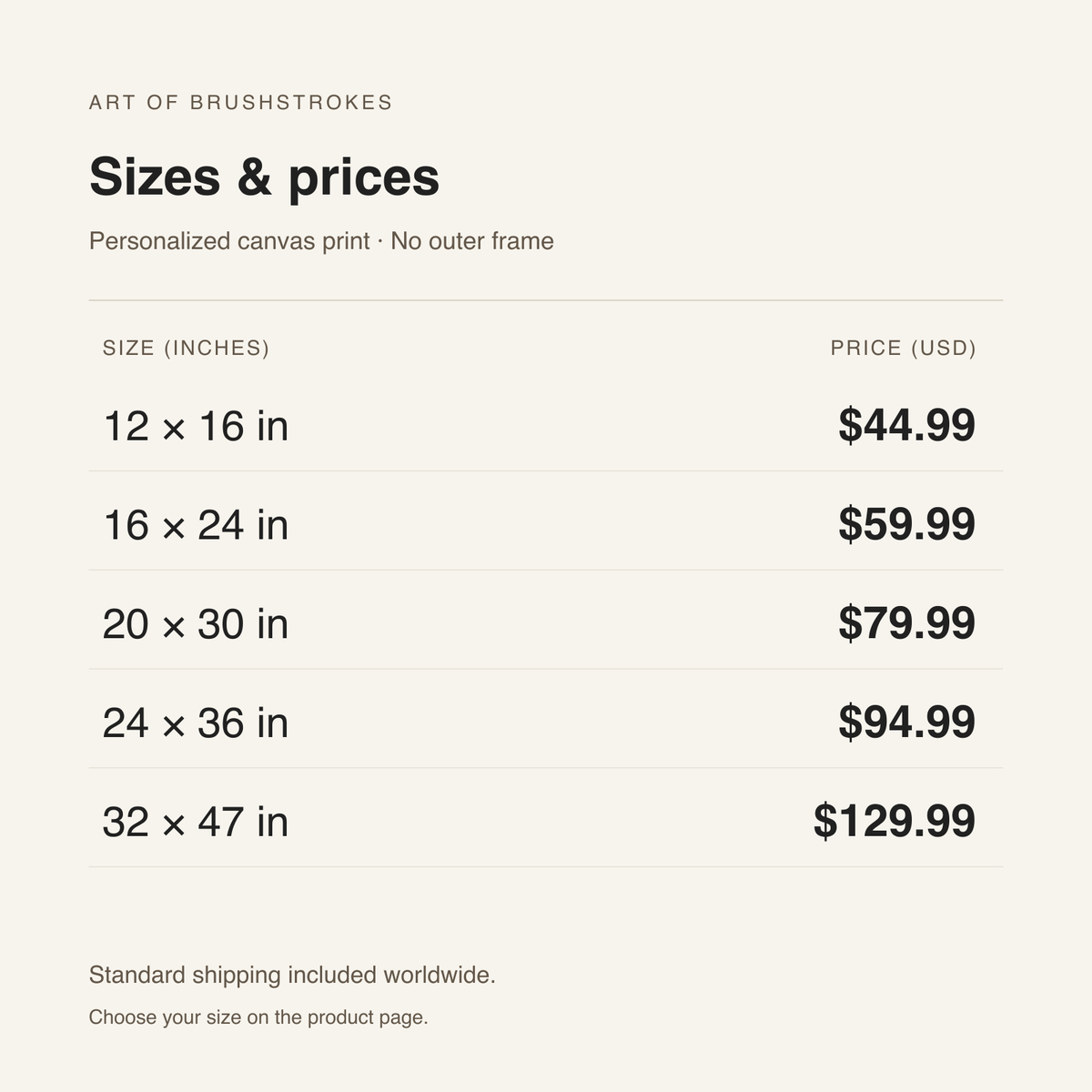 Available sizes and starting prices