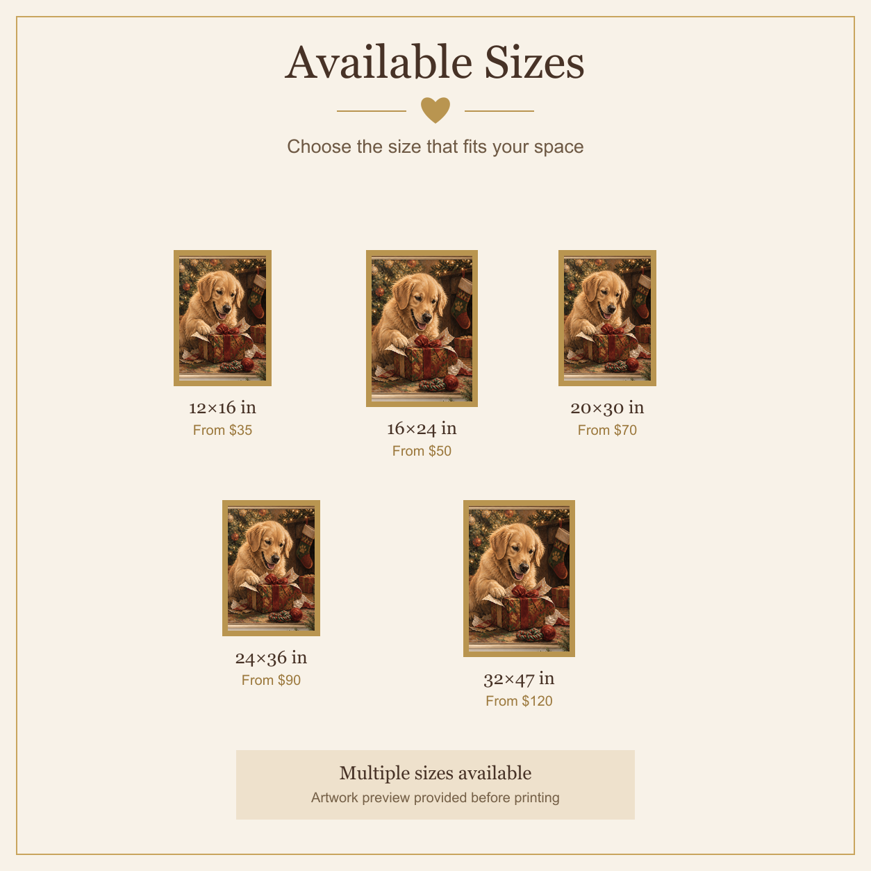 Available sizes and starting prices