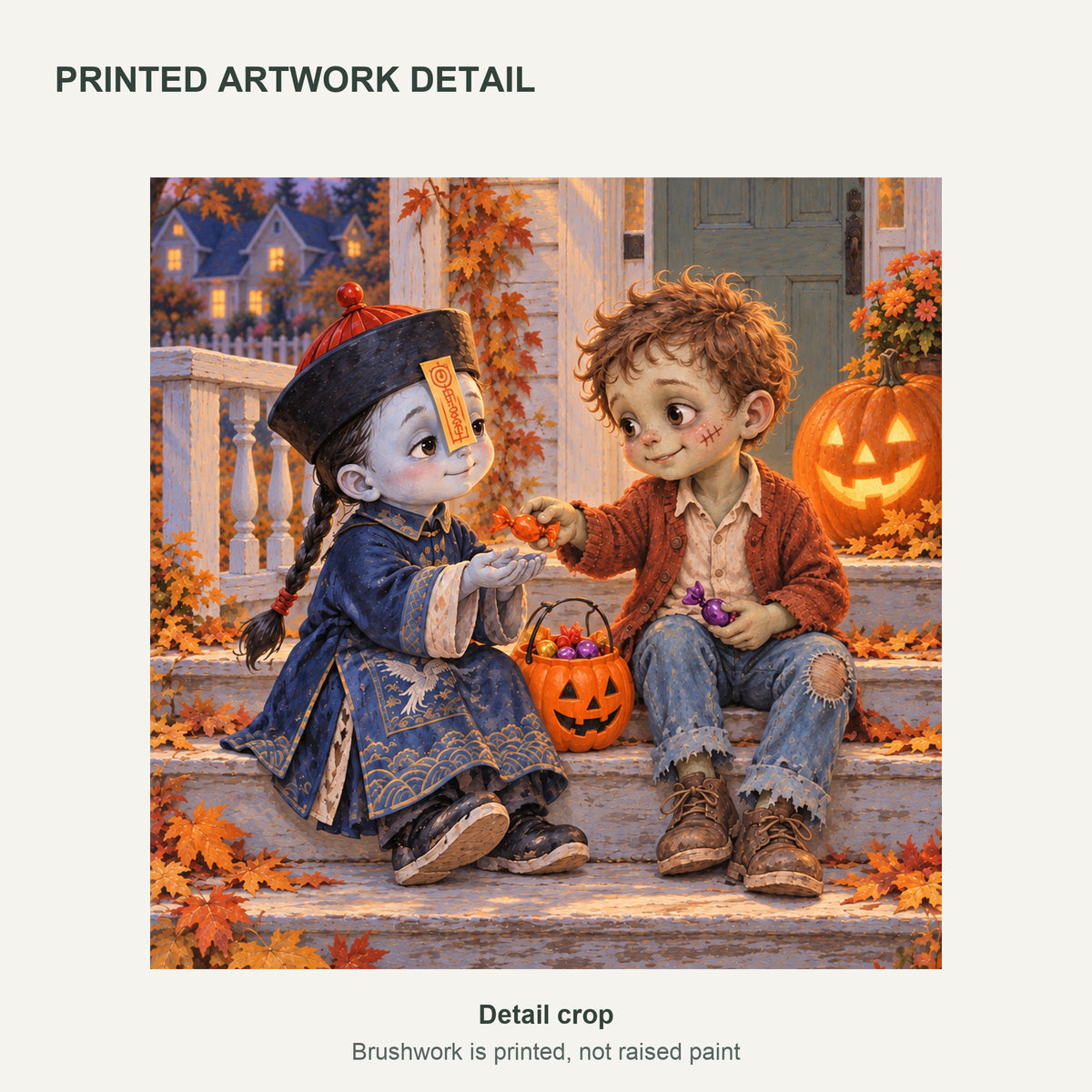 Sweet & Spooky Zombie Friends — cropped printed artwork detail of the candy-sharing friends — image 06