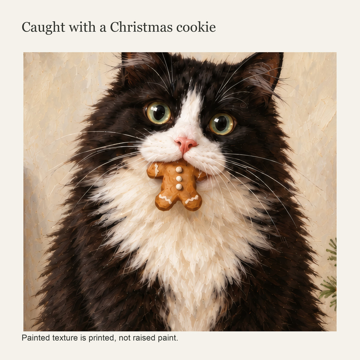 The Christmas Cookie Caper – 3 Piece Holiday Canvas Wall Art with a Tuxedo Cat — close-up of the tuxedo cat and gingerbread cookie; painted texture is printed, not raised paint