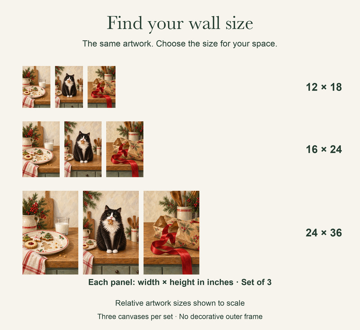 The Christmas Cookie Caper – 3 Piece Holiday Canvas Wall Art with a Tuxedo Cat — artwork size comparison, width × height in inches, dimensions per panel, set of 3 — Image 8
