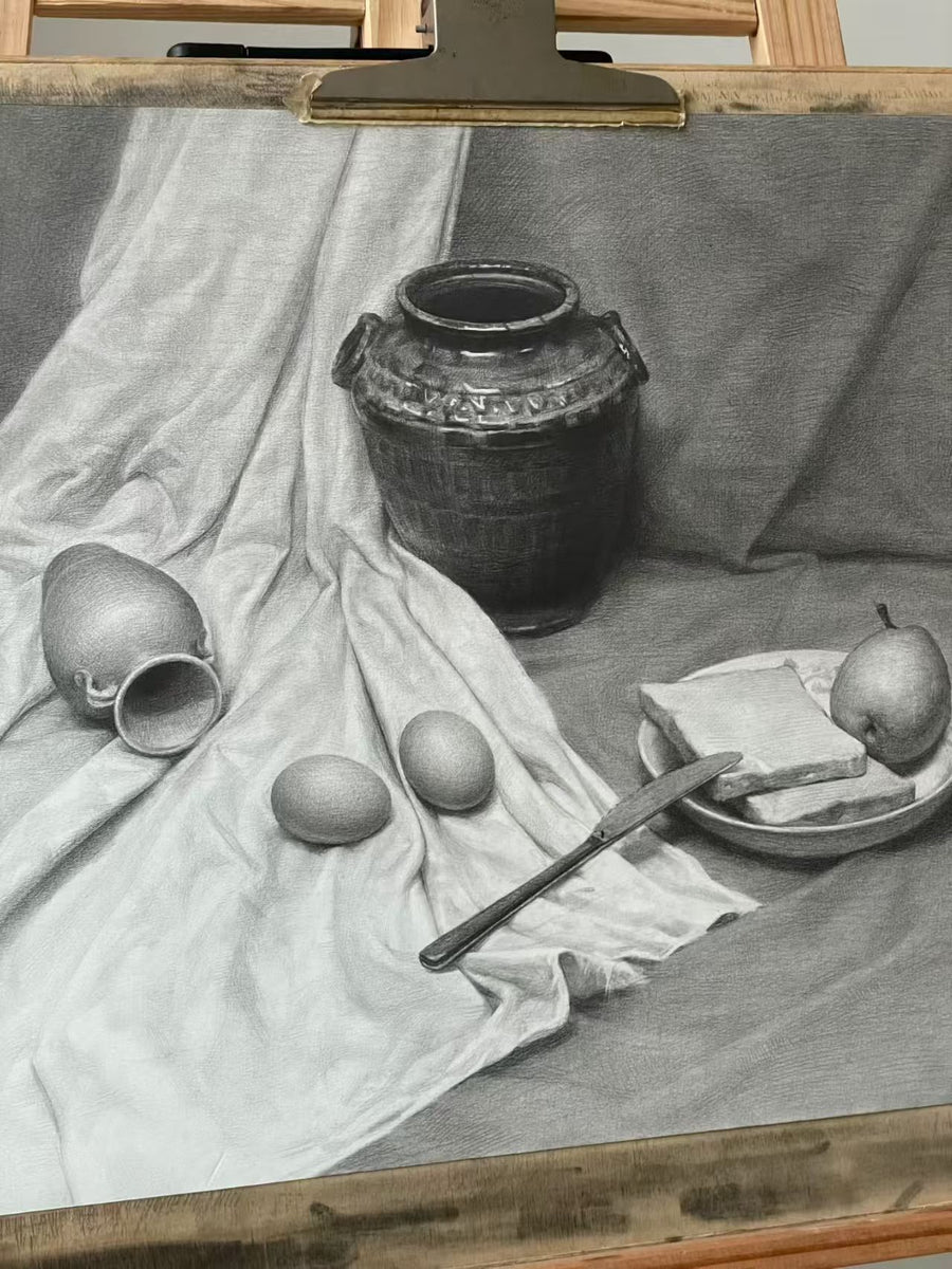 Still life with pottery, fruit and drapery by Elliot Gray
