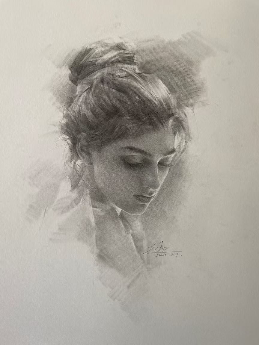 Portrait of a woman with her gaze lowered by Elliot Gray