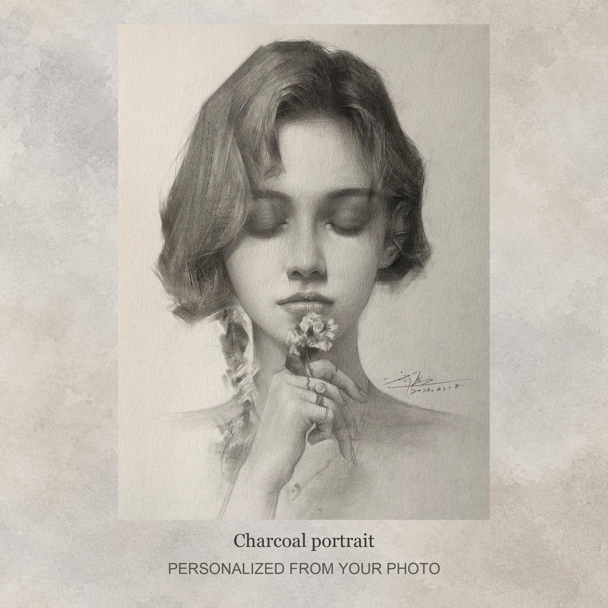 Custom Charcoal Portrait | Memorial & Family Tribute from Your Photo — original drawing example on a flat soft greige textured graphic background; no frame shown