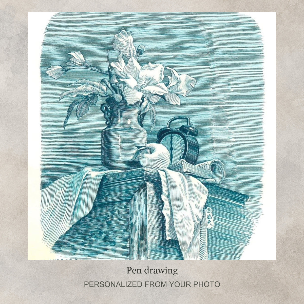 Premium Custom Pen Portrait | Hand-Drawn by Artists — original drawing example on a flat soft greige textured graphic background; no frame shown