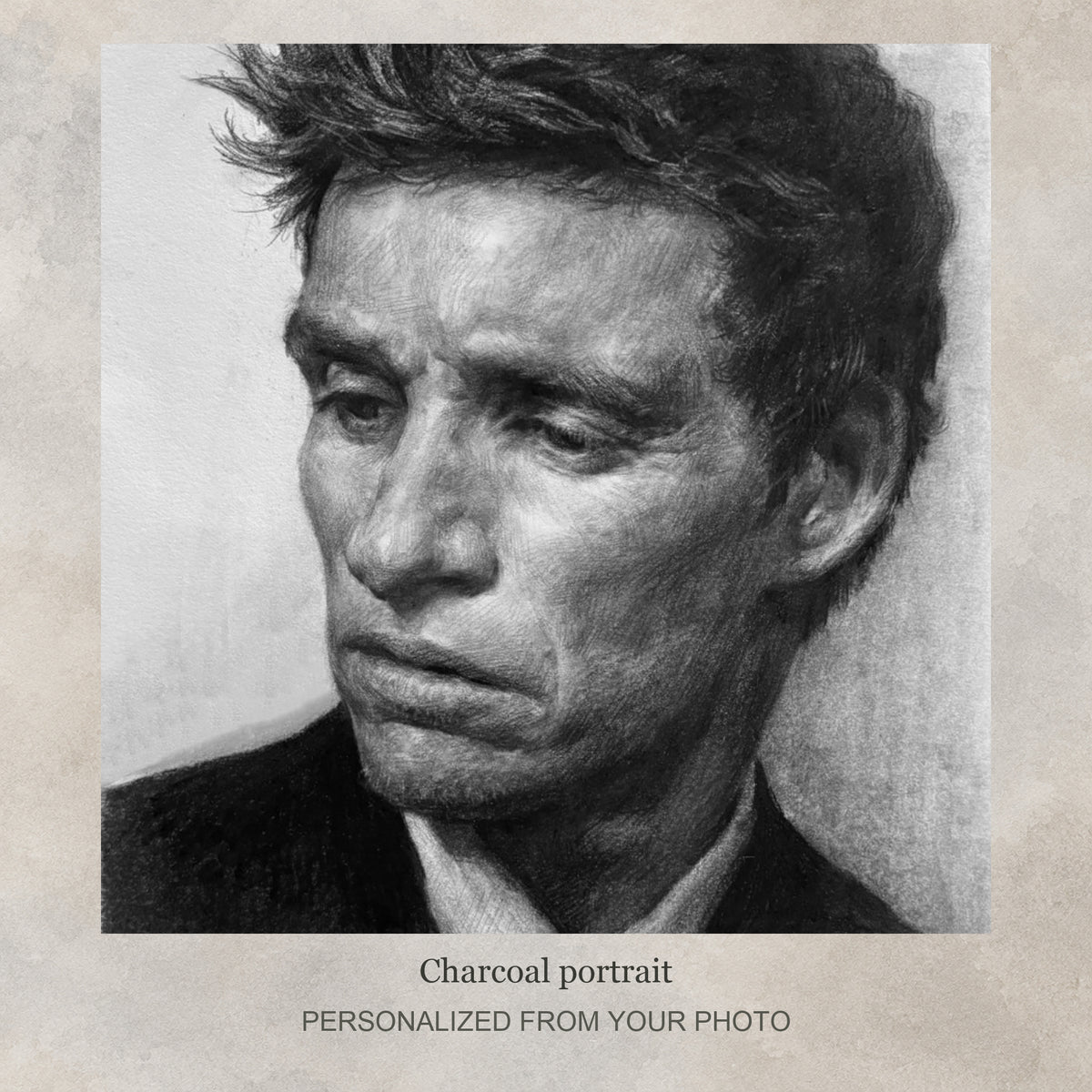 Custom Charcoal Portrait | Pet, Wedding & Anniversary Gift from Your Photo — original drawing example on a flat soft greige textured graphic background; no frame shown
