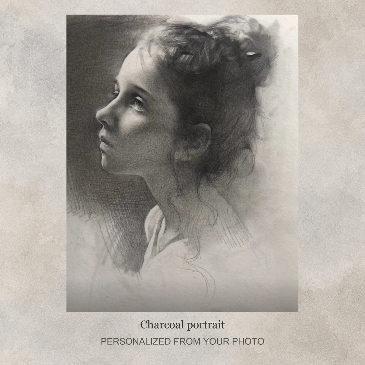 Custom Charcoal Portrait | Expressive Shadow-Rich Sketch from Your Photo — original drawing example on a flat soft greige textured graphic background; no frame shown