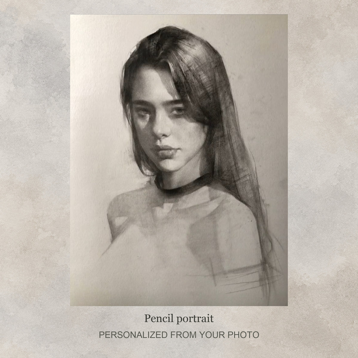 Custom Expressive Pencil Sketch Portrait | Loose Hand-Drawn from Your Photo — original drawing example on a flat soft greige textured graphic background; no frame shown