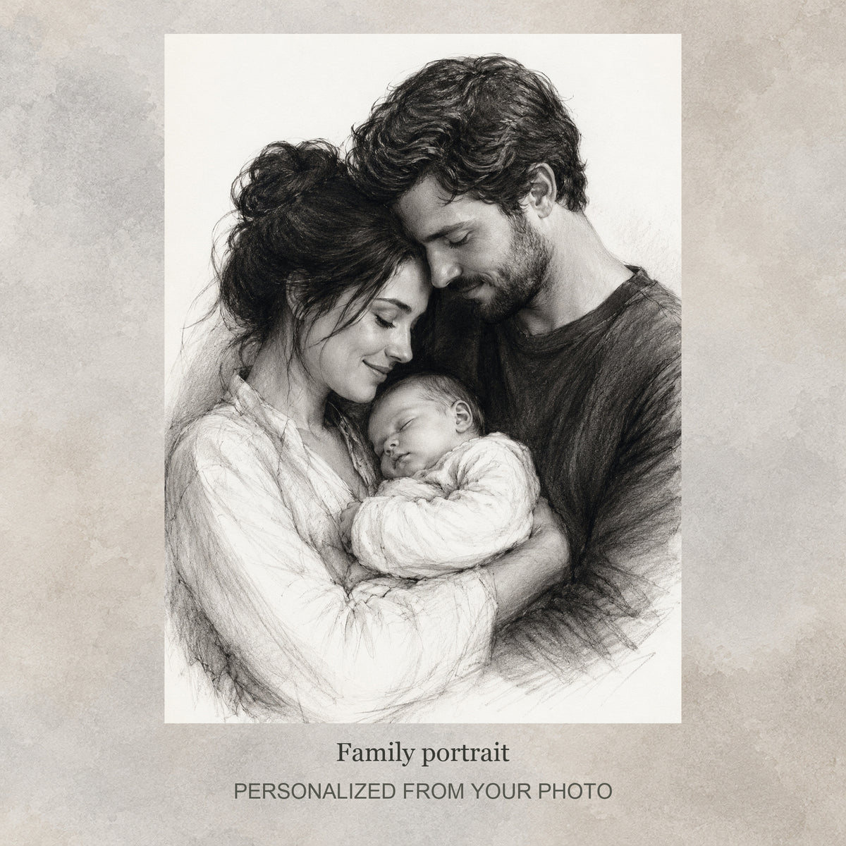 Custom Family Charcoal & Pencil Portrait | Hand-Drawn from Photo — original drawing example on a flat soft greige textured graphic background; no frame shown