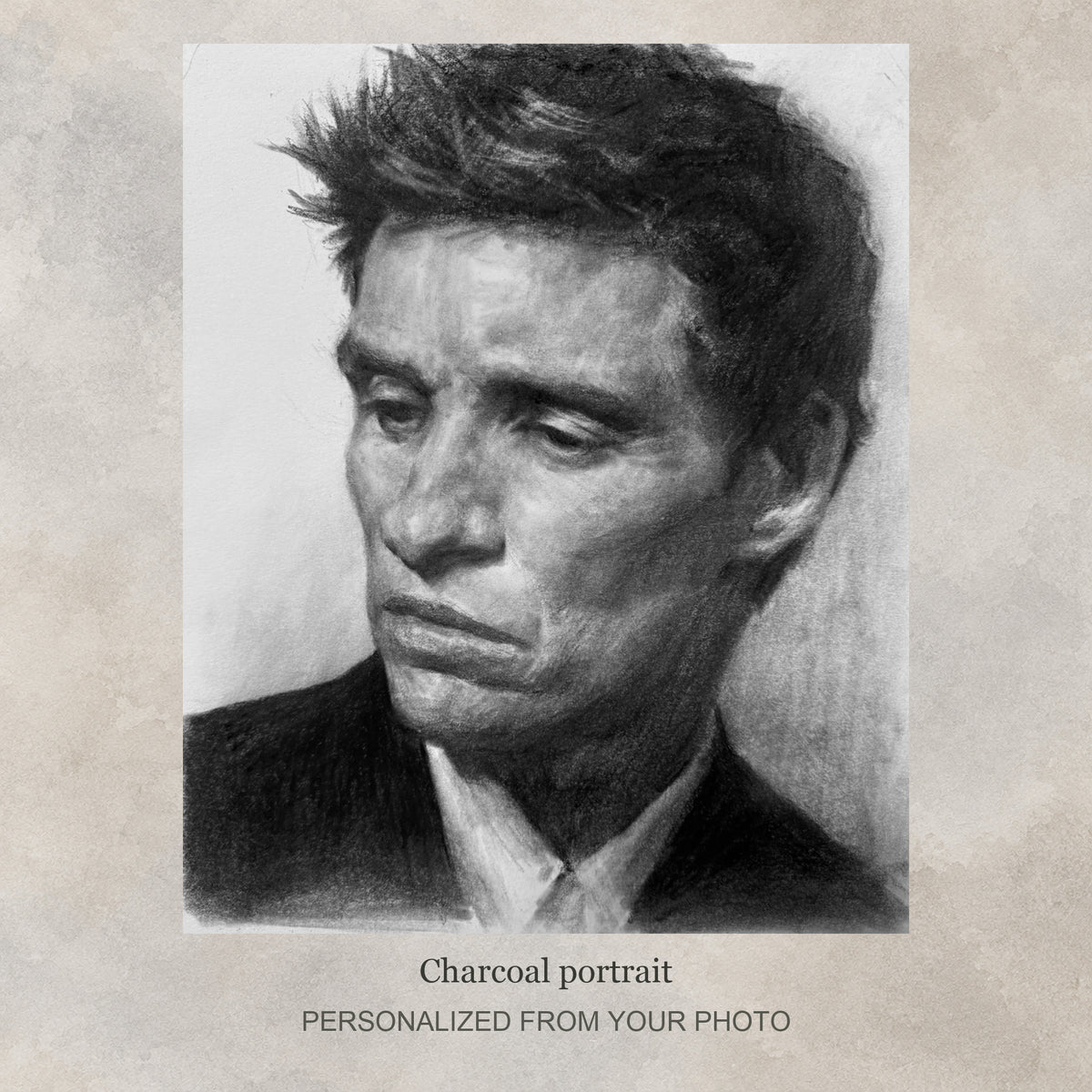 Custom Charcoal Portrait | Dramatic Black & White Hand-Drawn from Your Photo — original drawing example on a flat soft greige textured graphic background; no frame shown