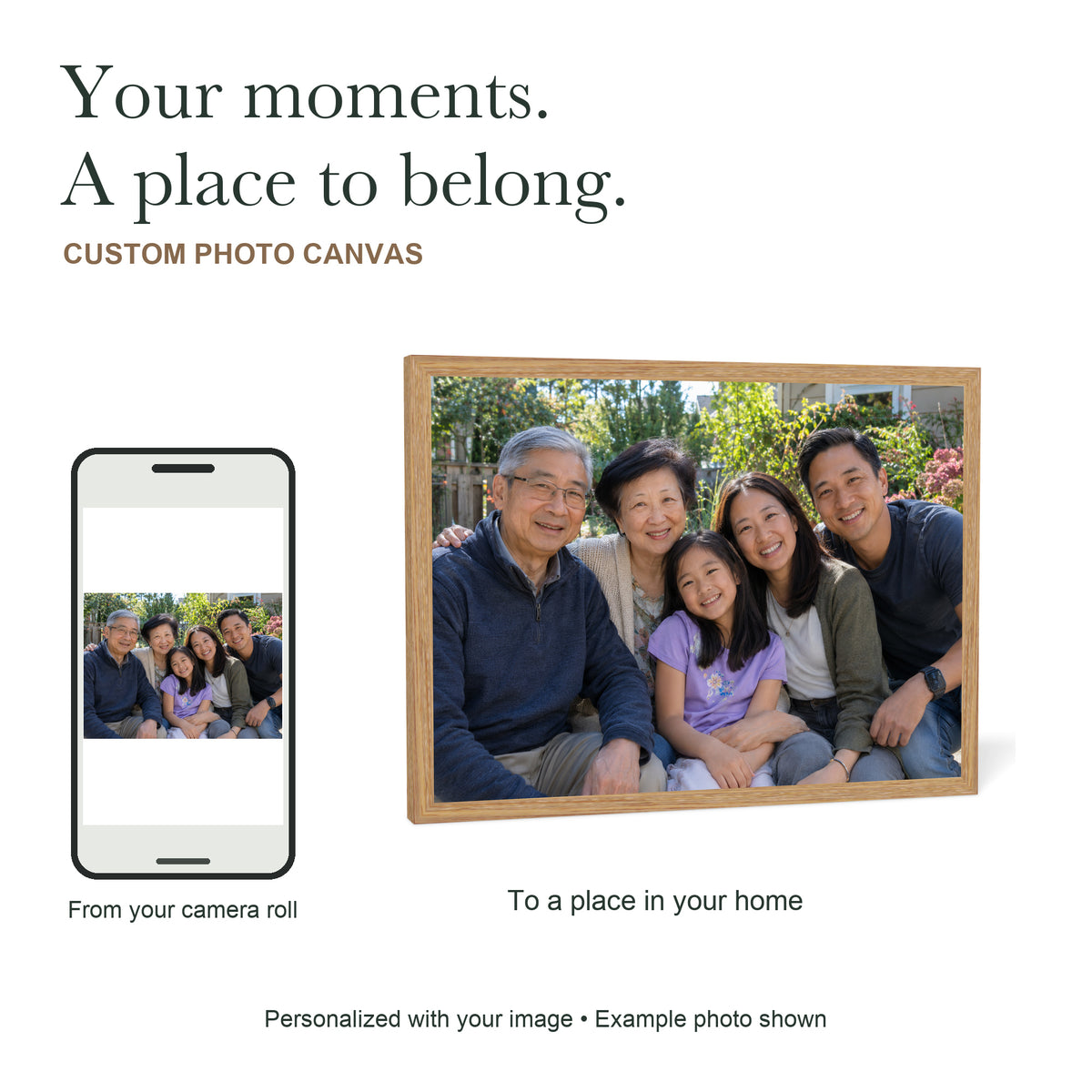 Everyday Moments, Beautifully Framed — Custom Photo Canvas with Light Wood Frame — Your phone photo reproduced as a light wood framed canvas; illustrative family example — Image 1