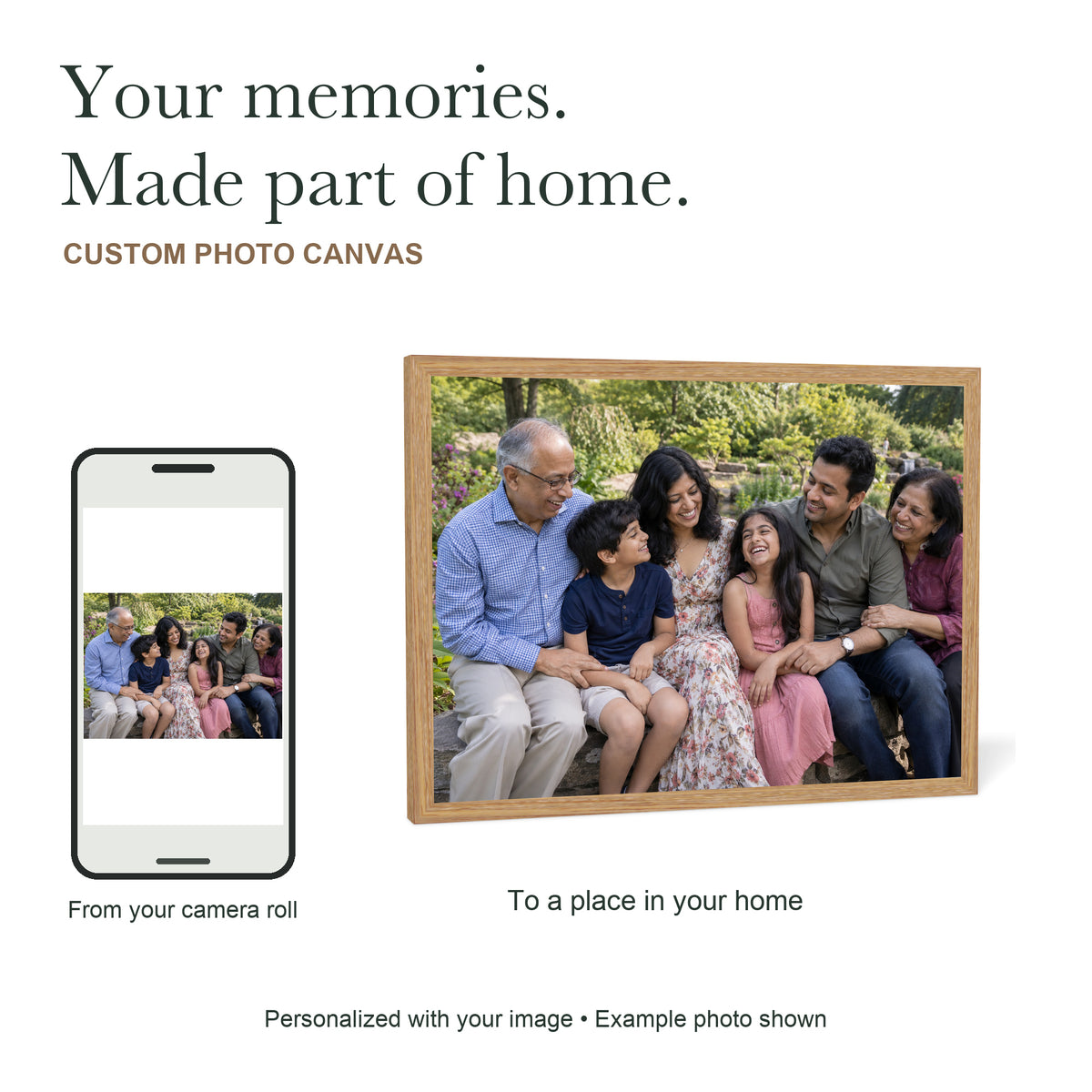 The Moments That Matter — Custom Photo Canvas with Light Wood Frame — Your phone photo reproduced as a light wood framed canvas; illustrative family example — Image 1