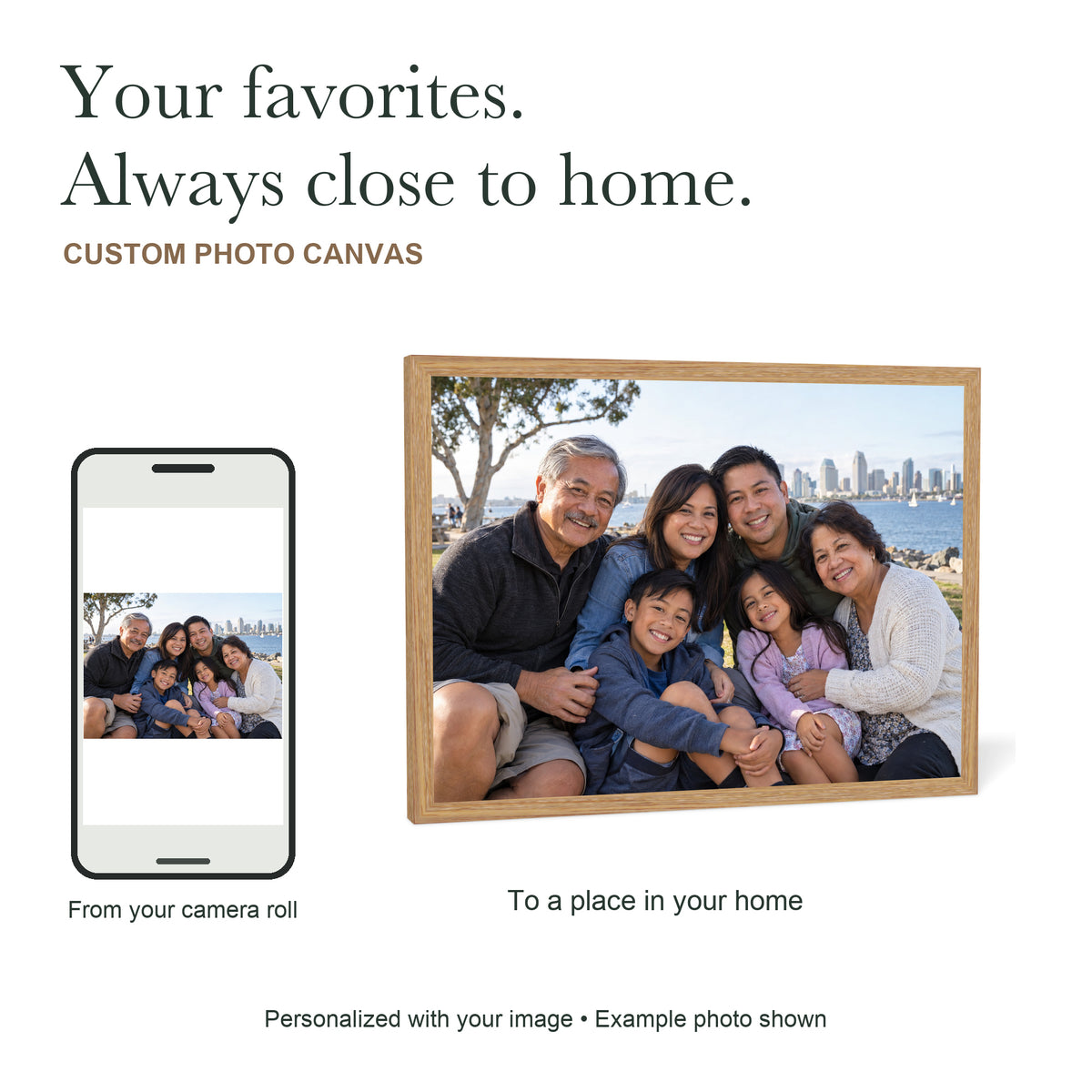 Your Favorites, Close to Home — Custom Photo Canvas with Light Wood Frame — Your phone photo reproduced as a light wood framed canvas; illustrative family example — Image 1