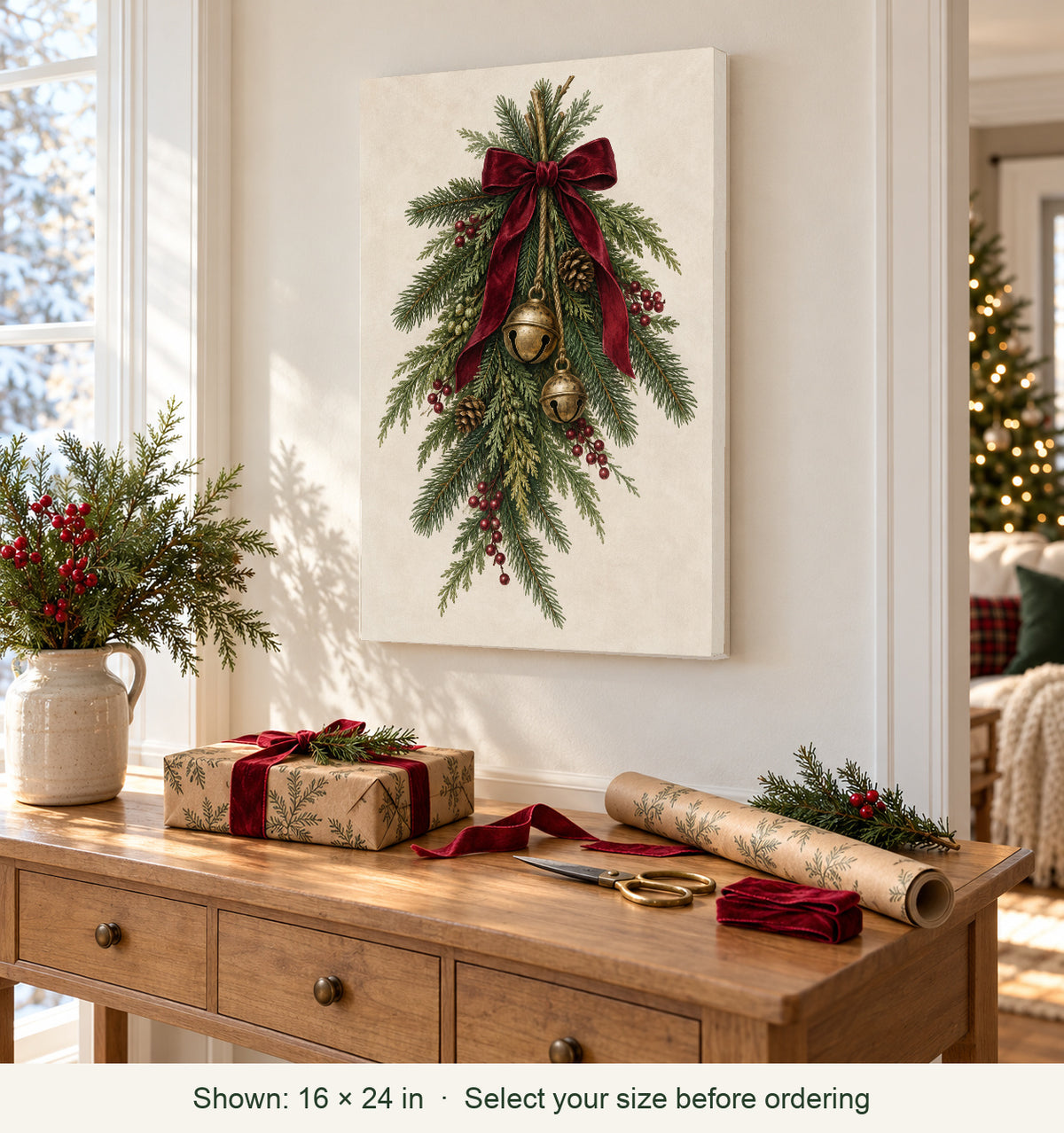 Styled home; canvas shown in 16 by 24 inch size: Evergreen Bells Christmas Canvas Wall Art