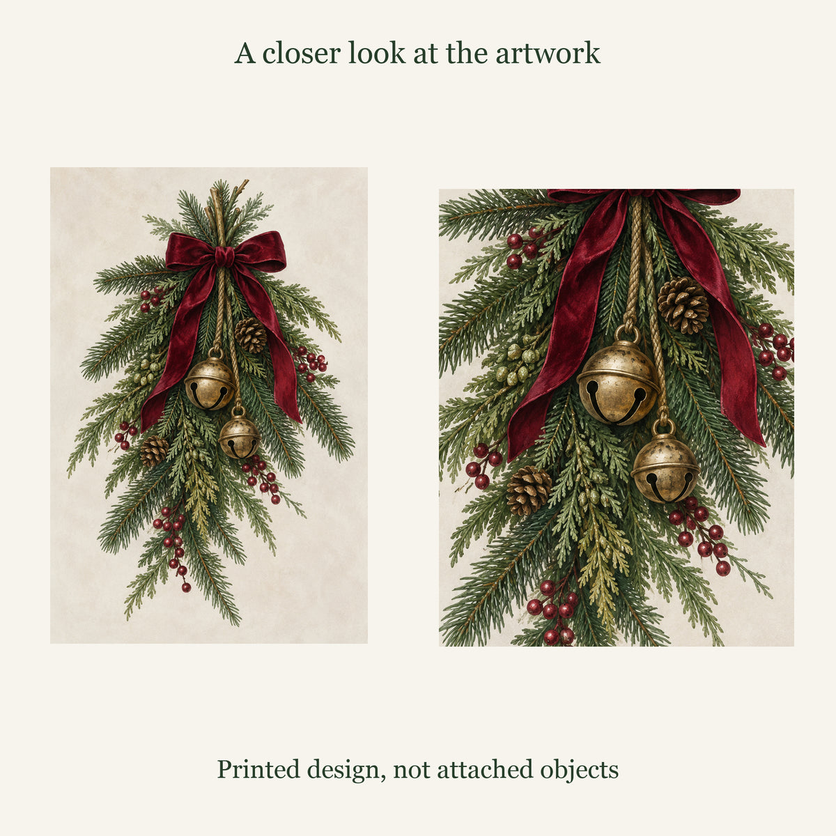 Evergreen Bells Christmas Canvas Wall Art — printed artwork detail