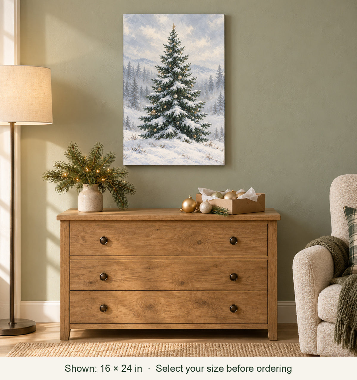 Styled home; canvas shown in 16 by 24 inch size: Snowlight Fir Christmas Tree Canvas Wall Art