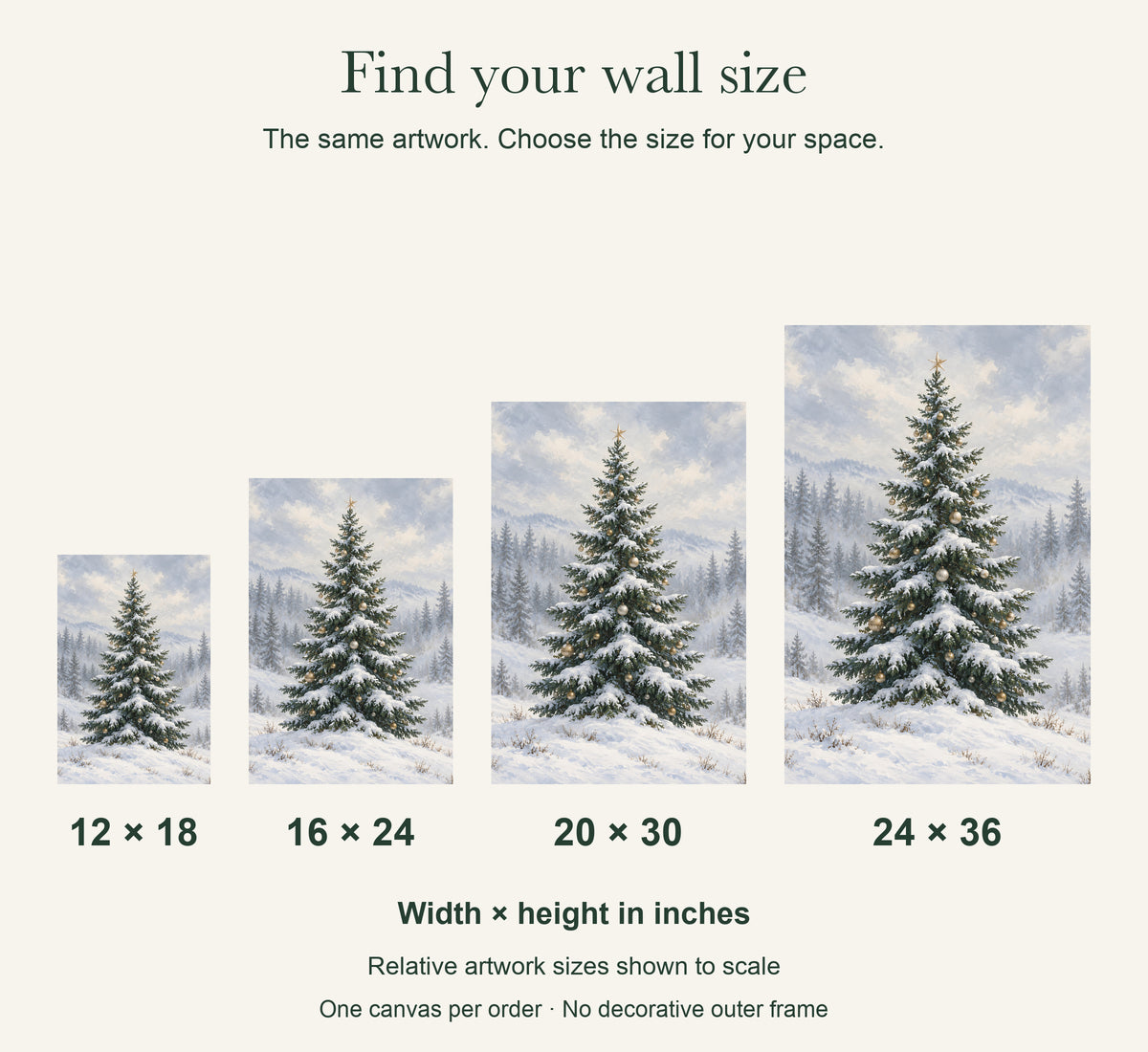 Snowlight Fir Christmas Tree Canvas Wall Art — four canvas sizes to scale: 12 × 18, 16 × 24, 20 × 30 and 24 × 36 in; width × height — Image 3