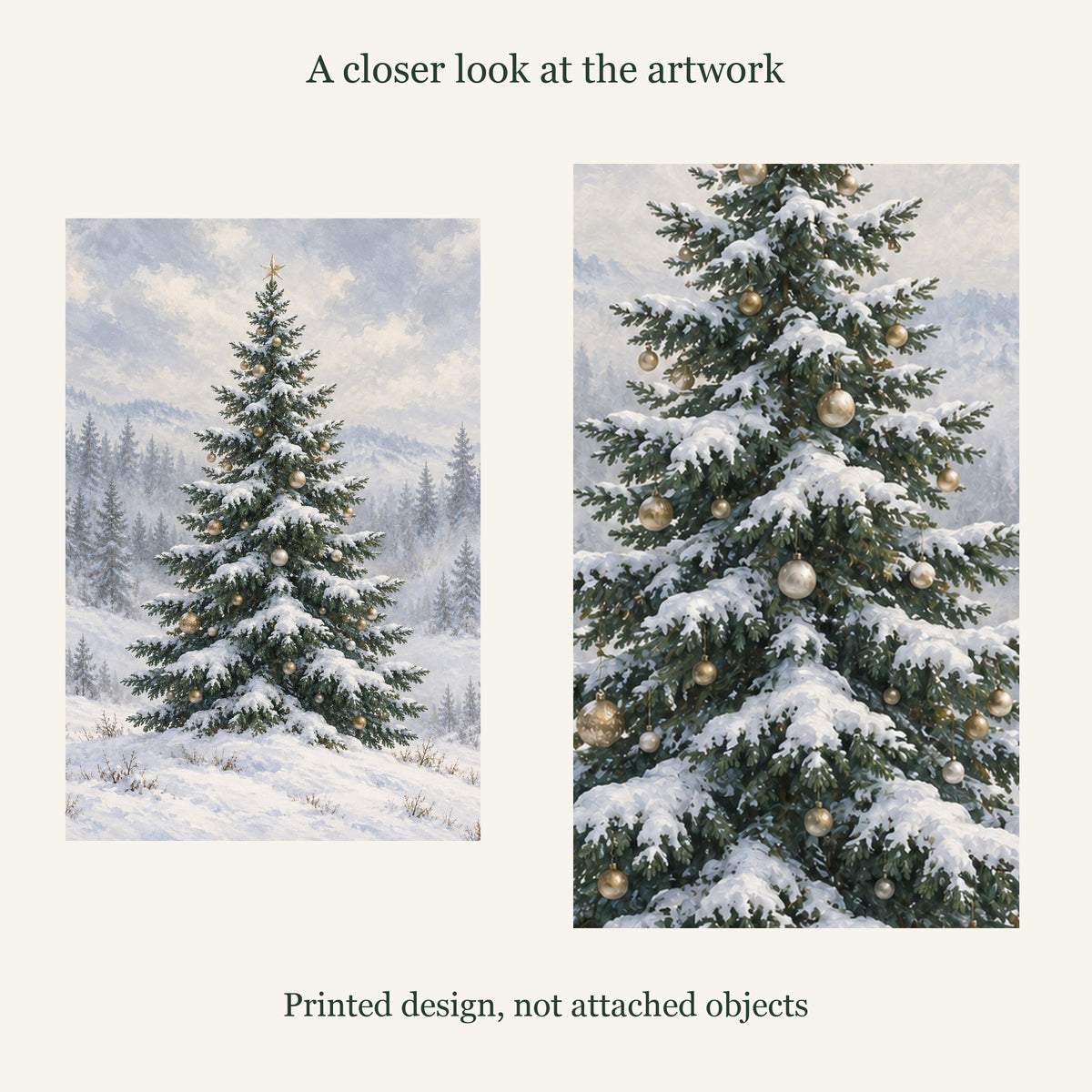 Artwork and enlarged printed detail of Snowlight Fir Christmas Tree Canvas Wall Art