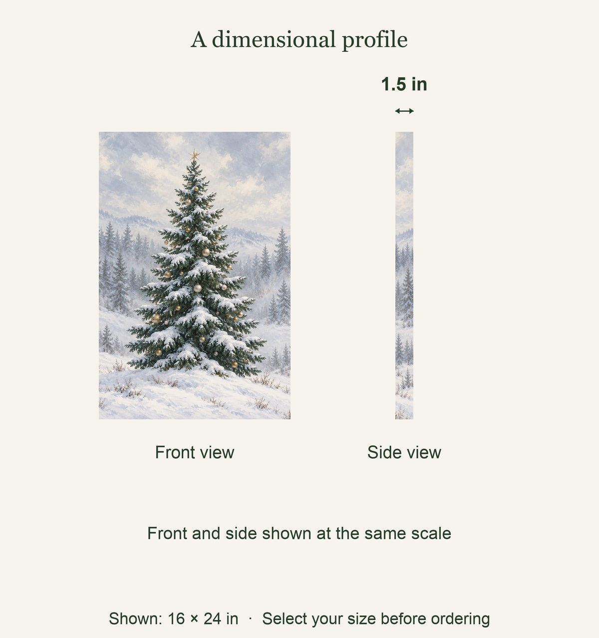 1.5 inch canvas depth; 16 by24 inch example: Snowlight Fir Christmas Tree Canvas Wall Art