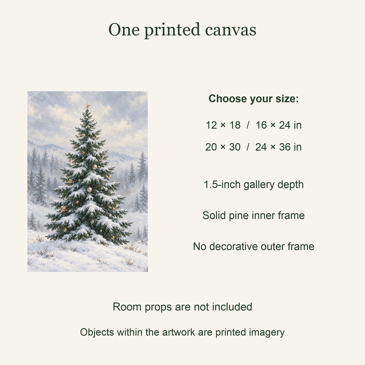 One printed canvas; four available sizes; solid pine inner frame: Snowlight Fir Christmas Tree Canvas Wall Art
