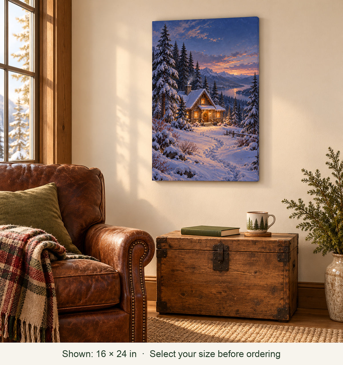 Styled home; canvas shown in 16 by 24 inch size: Blue Hour Cabin Winter Canvas Wall Art