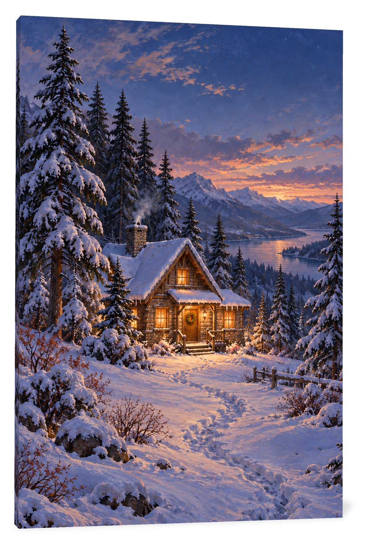 White background product view of Blue Hour Cabin Winter Canvas Wall Art