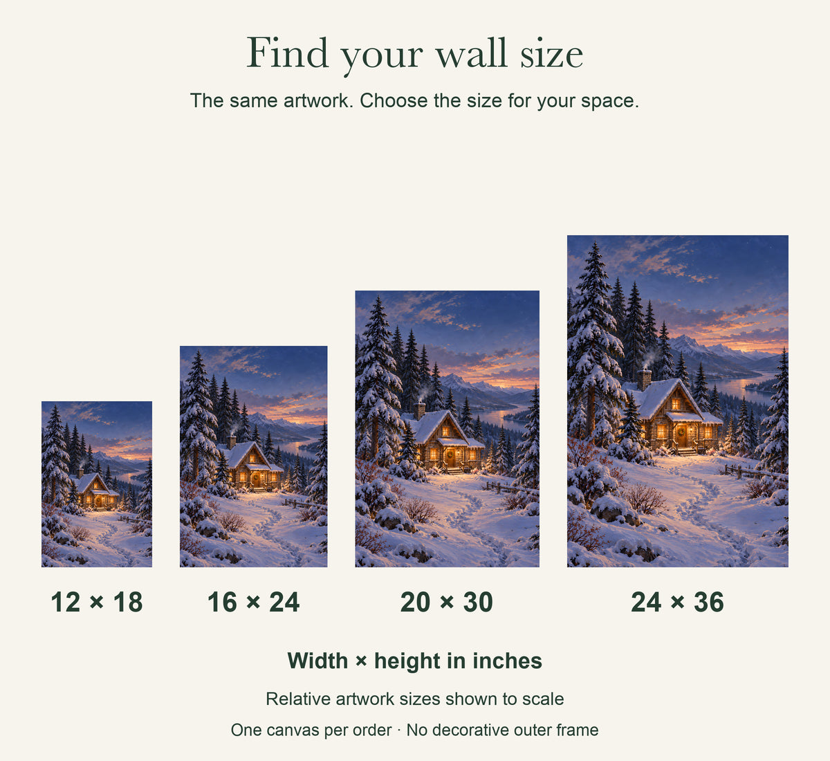 Blue Hour Cabin Winter Canvas Wall Art — four canvas sizes to scale: 12 × 18, 16 × 24, 20 × 30 and 24 × 36 in; width × height — Image 3