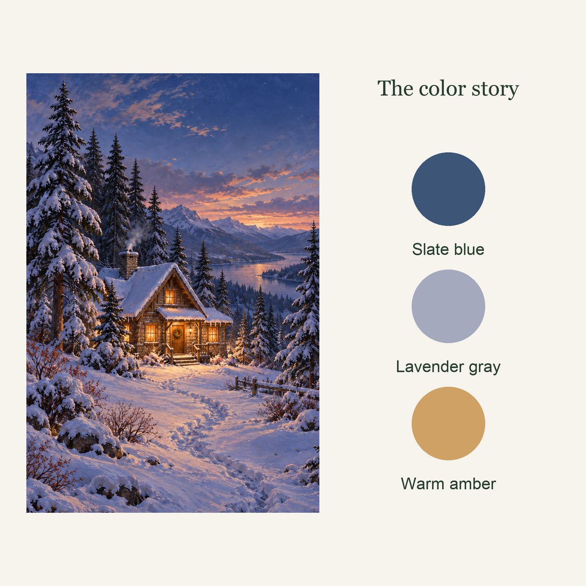 Color palette of Blue Hour Cabin Winter Canvas Wall Art