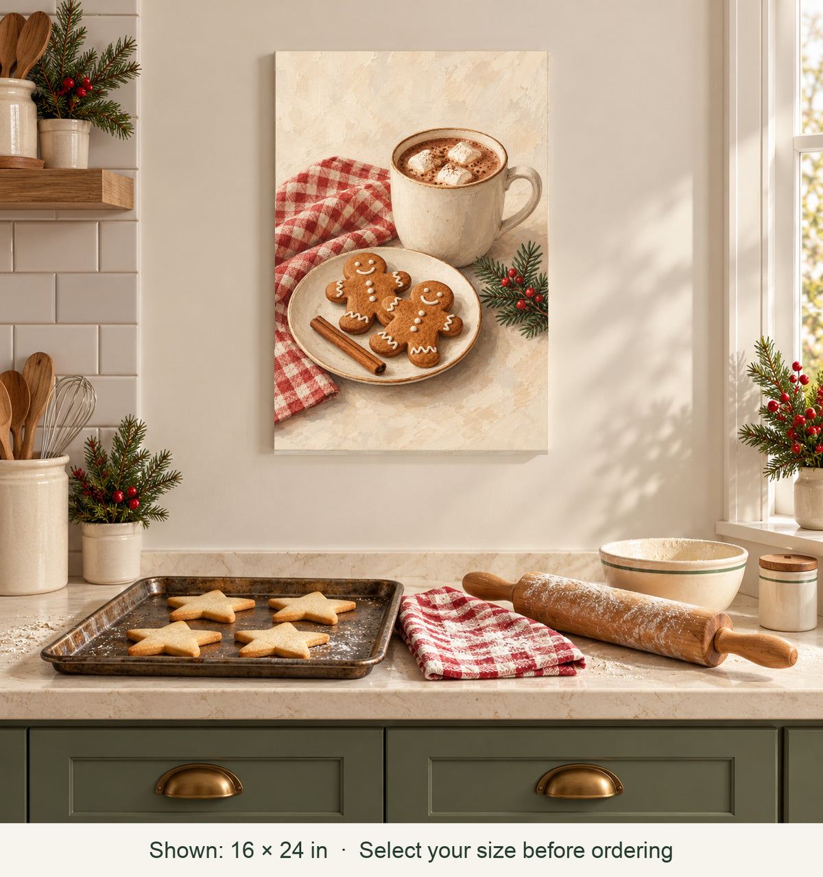 Styled home; canvas shown in 16 by 24 inch size: Gingerbread Pause Christmas Kitchen Canvas Art