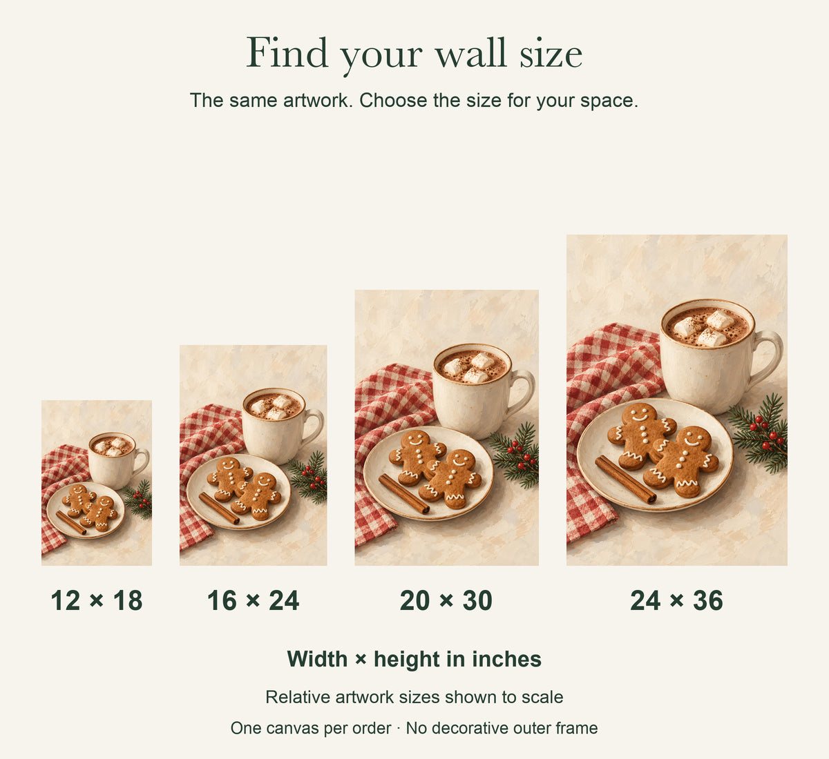 Gingerbread Pause Christmas Kitchen Canvas Art — four canvas sizes to scale: 12 × 18, 16 × 24, 20 × 30 and 24 × 36 in; width × height — Image 3