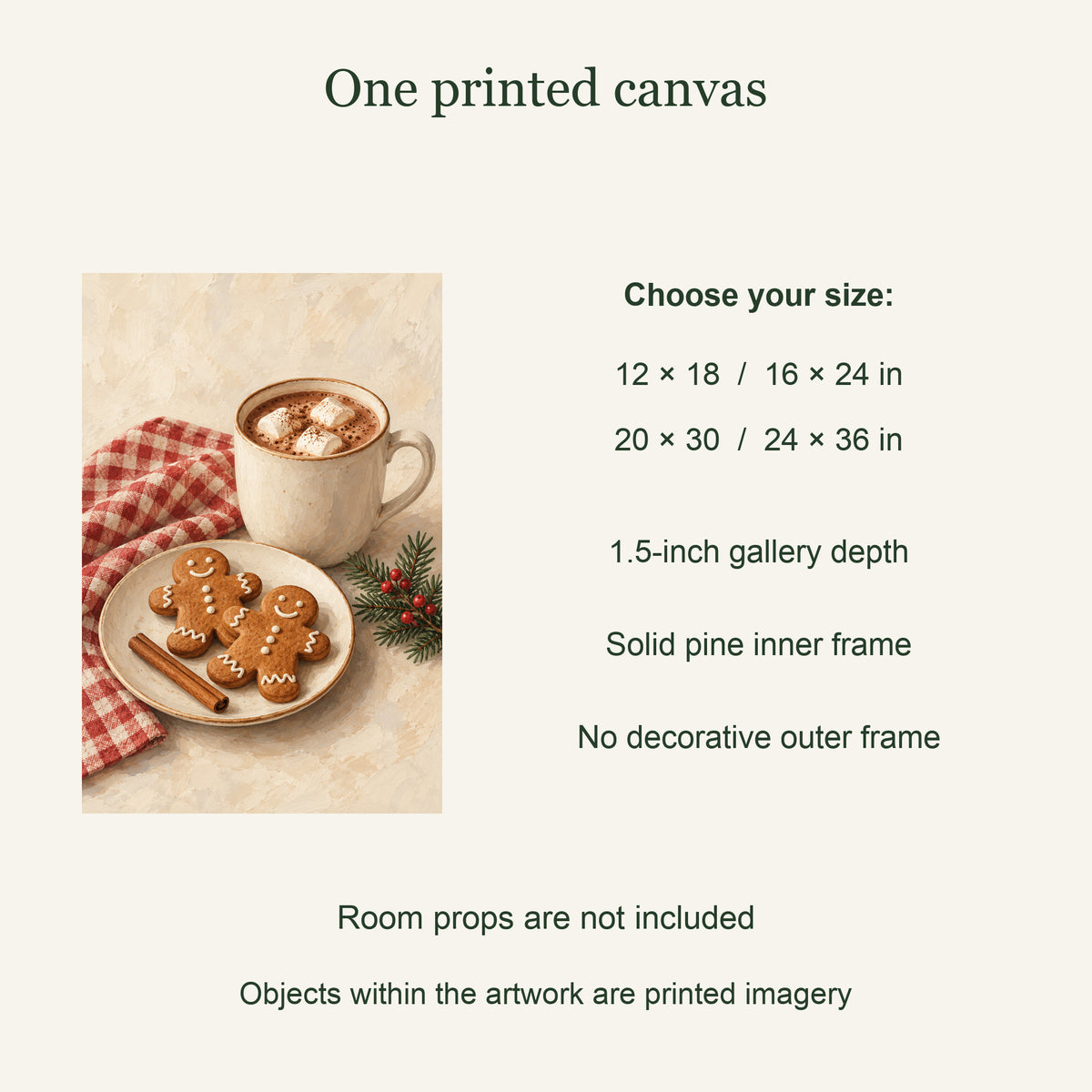 One printed canvas; four available sizes; solid pine inner frame: Gingerbread Pause Christmas Kitchen Canvas Art