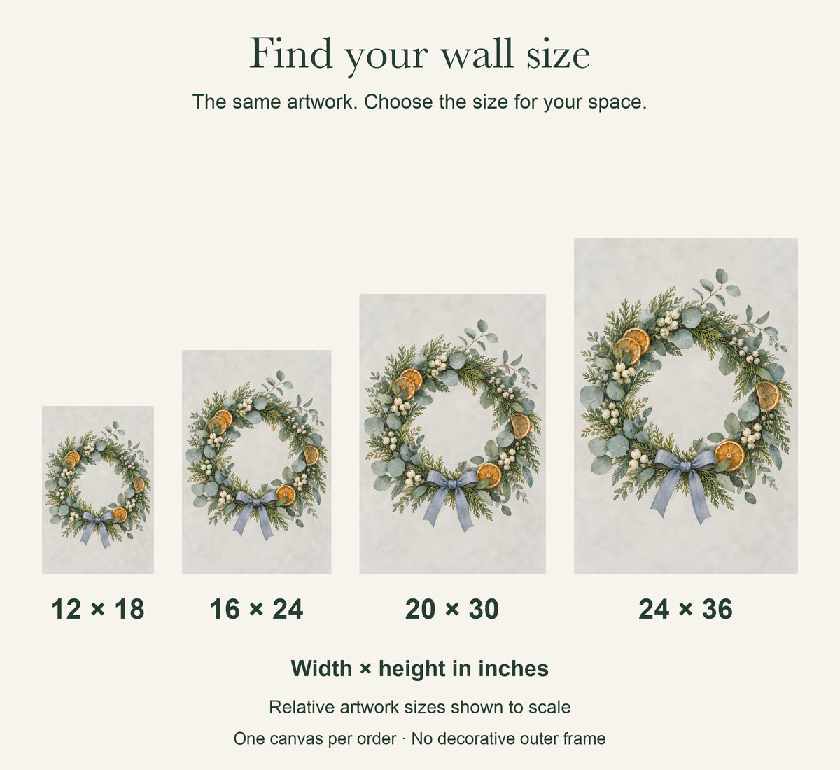 Frosted Welcome Winter Wreath Canvas Wall Art — four canvas sizes to scale: 12 × 18, 16 × 24, 20 × 30 and 24 × 36 in; width × height — Image 3
