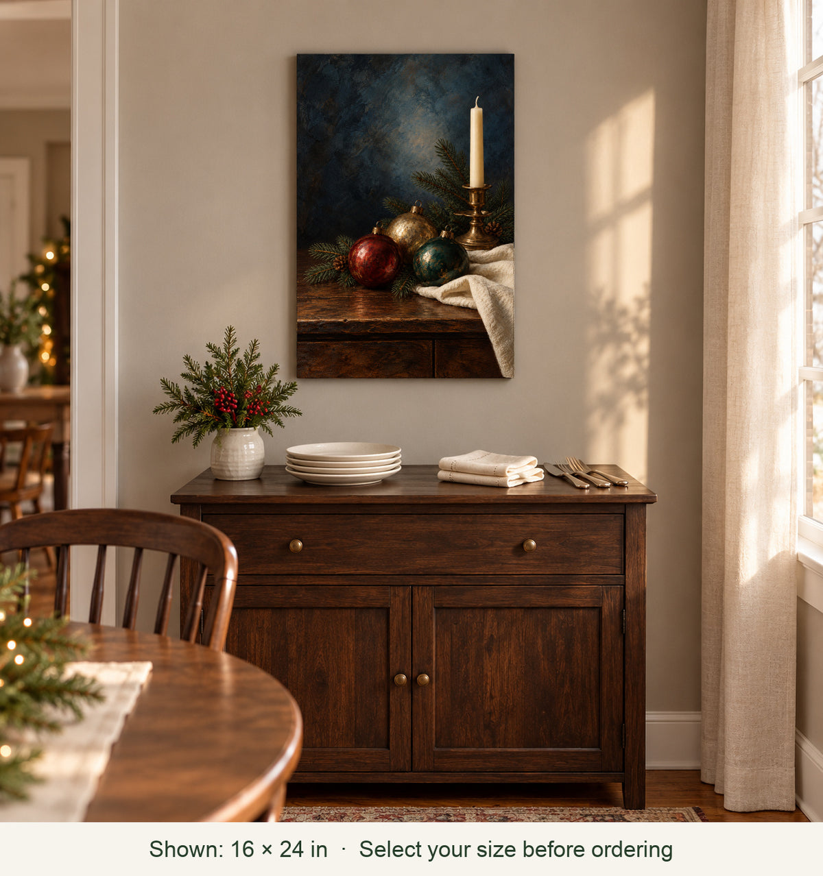 Styled home; canvas shown in 16 by 24 inch size: Christmas Keepsakes Vintage Canvas Wall Art