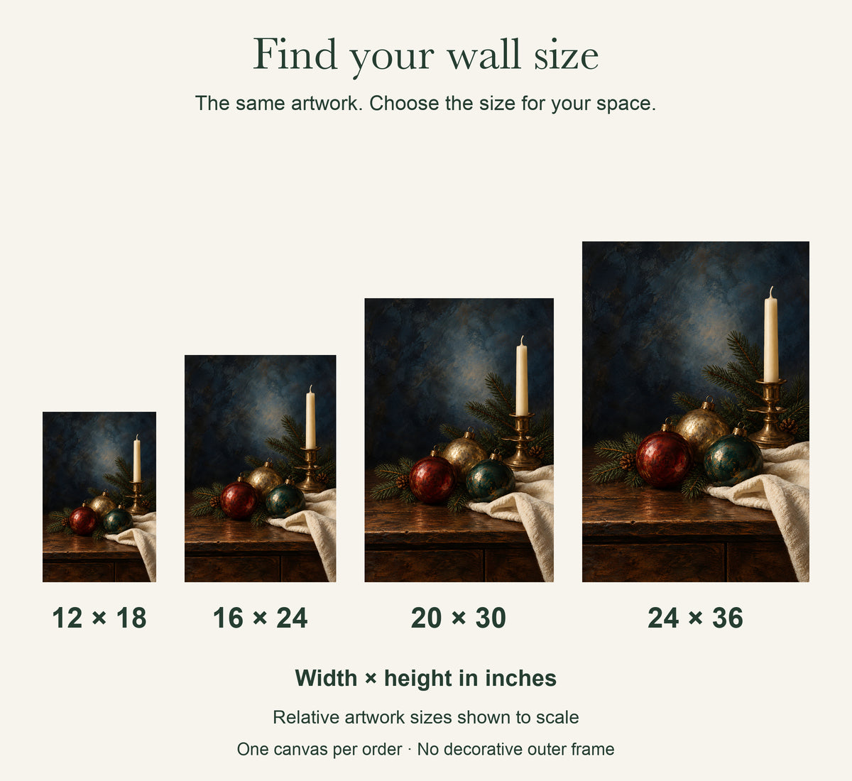 Christmas Keepsakes Vintage Canvas Wall Art — four canvas sizes to scale: 12 × 18, 16 × 24, 20 × 30 and 24 × 36 in; width × height — Image 3