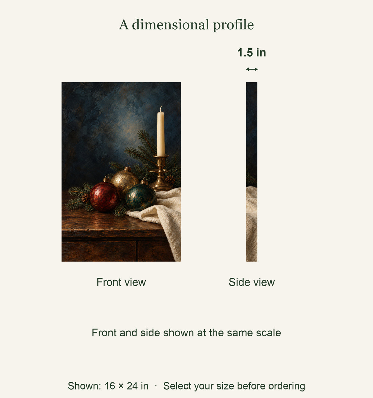 1.5 inch canvas depth; 16 by24 inch example: Christmas Keepsakes Vintage Canvas Wall Art