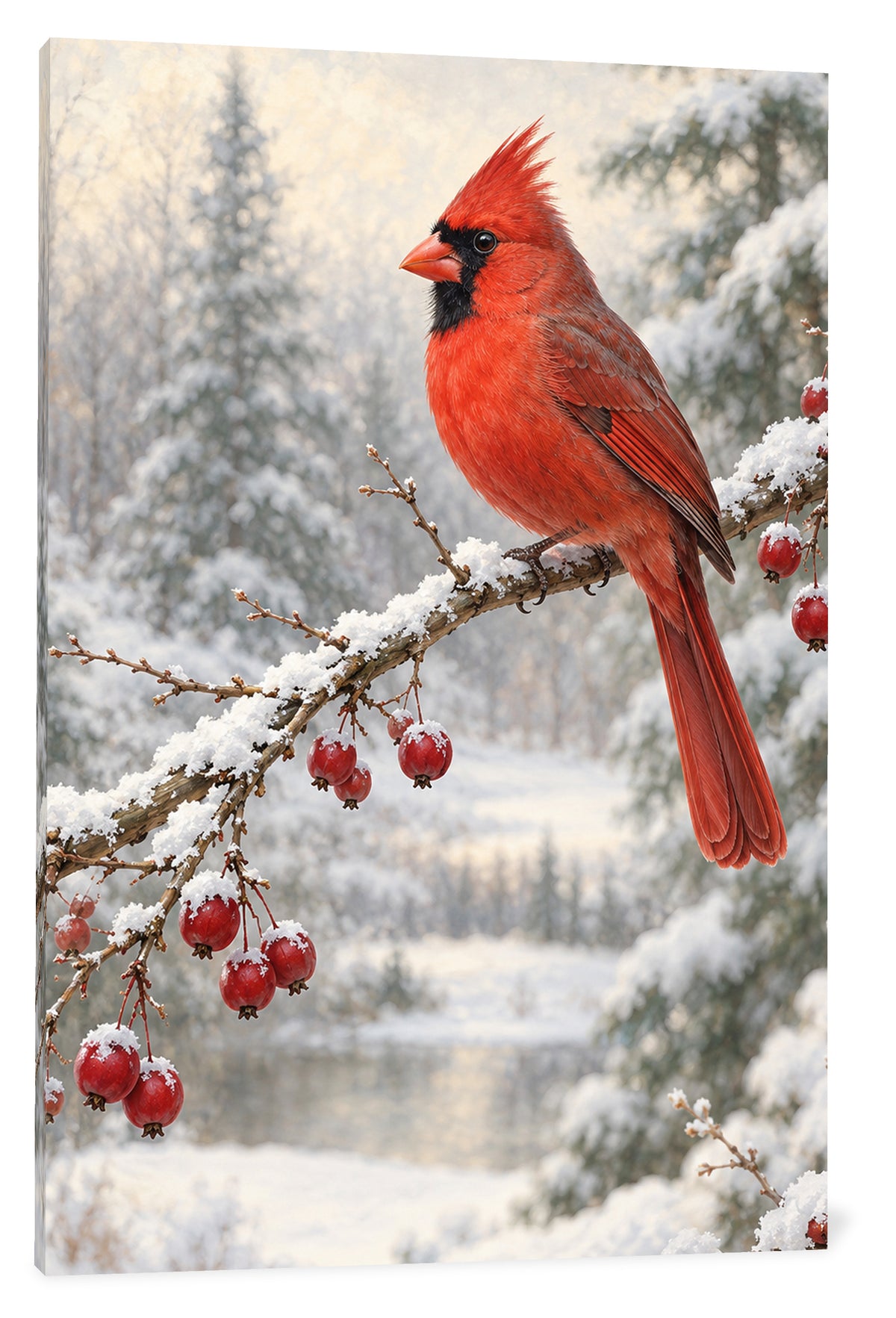 White background canvas view of Winter Visitor Cardinal Canvas Wall Art