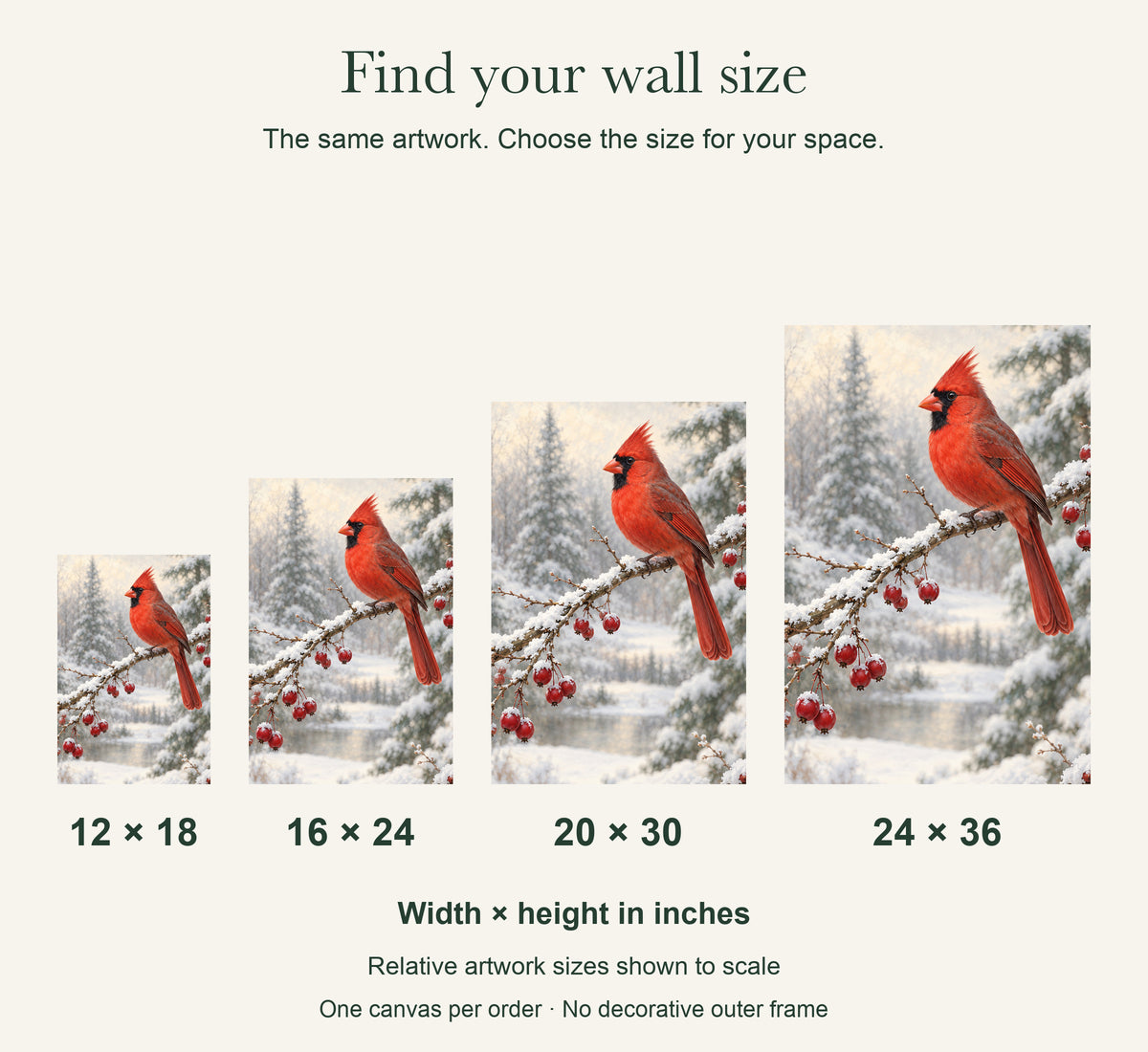 Winter Visitor Cardinal Canvas Wall Art — artwork size comparison, width × height in inches — Image 3