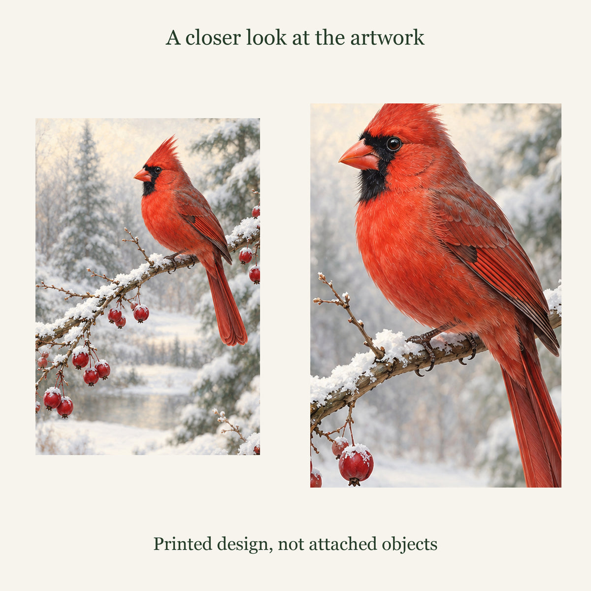 Printed artwork and enlarged design detail of Winter Visitor Cardinal Canvas Wall Art