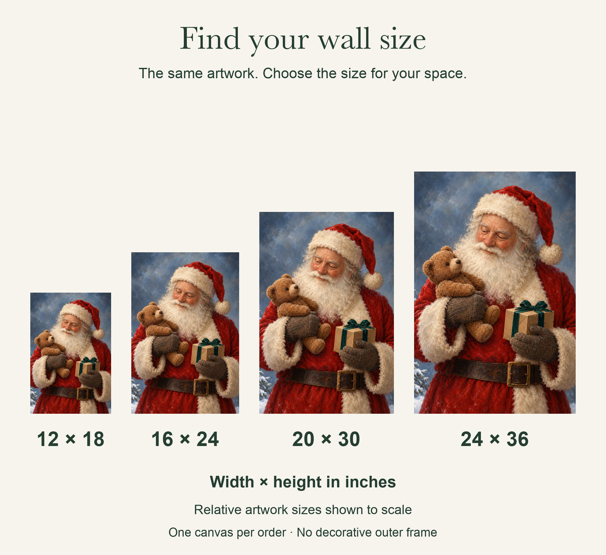 One Last Gift Santa Canvas Wall Art — artwork size comparison, width × height in inches — Image 3