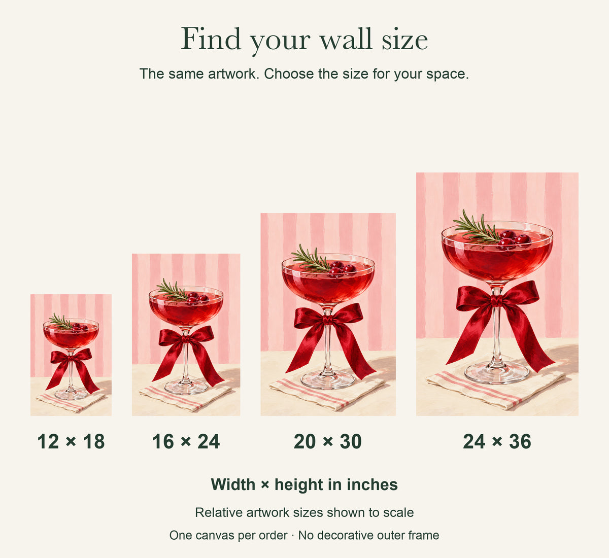 Christmas Cheers Cocktail Canvas Wall Art — artwork size comparison, width × height in inches — Image 3