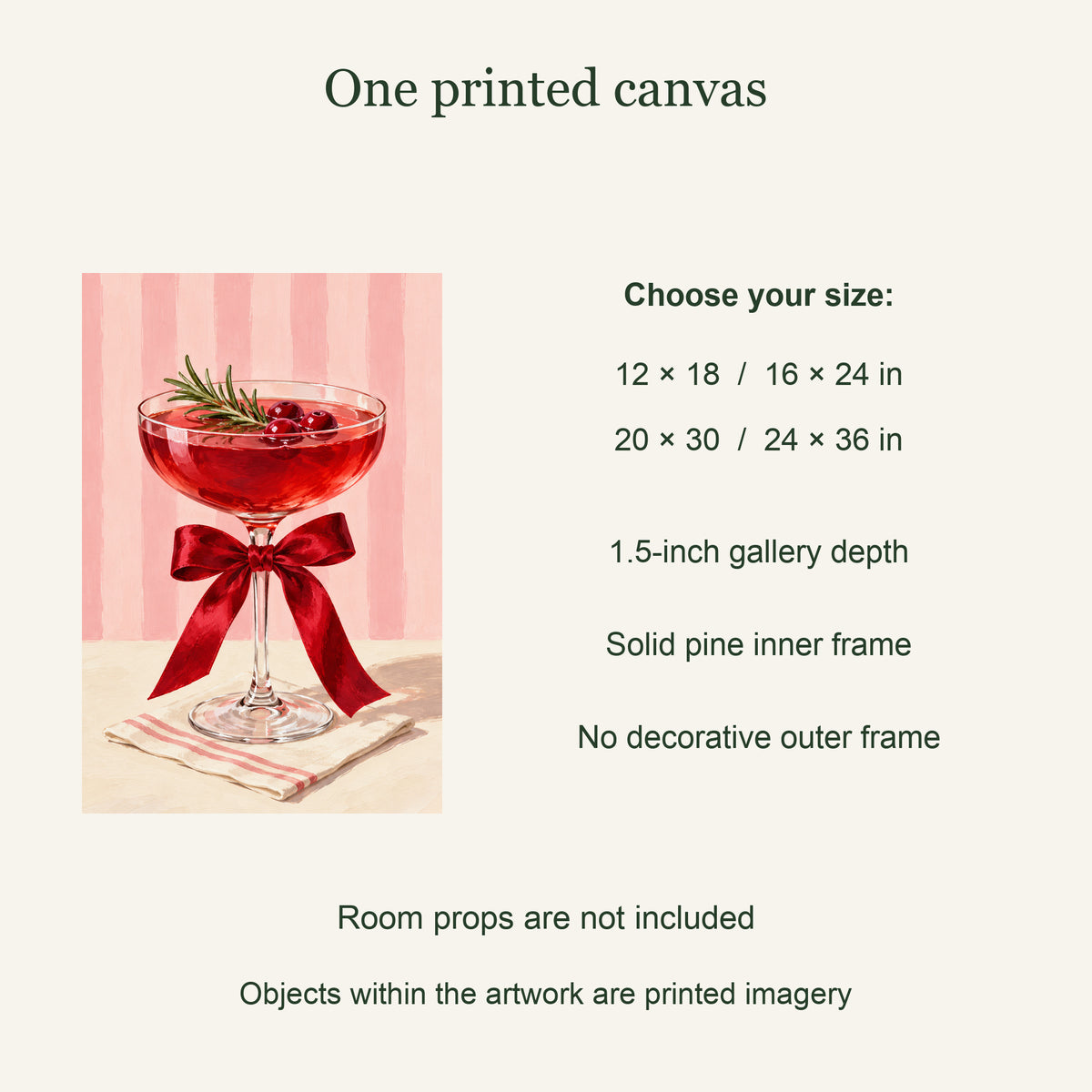 One printed canvas; four available sizes; solid pine inner frame: Christmas Cheers Cocktail Canvas Wall Art